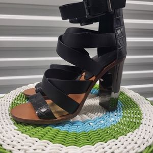 BCBG MaxAzira East mirrored, zip-up, strappy heels